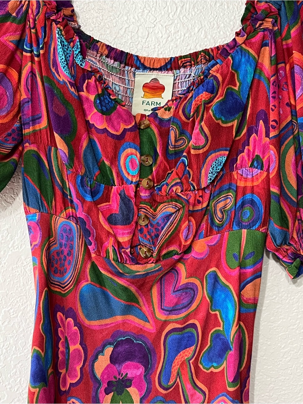 FARM RIO Sz XS ‘Lisa’ Dress Red Pink Psychedelic Print Puff Sleeve Midi Bodycon